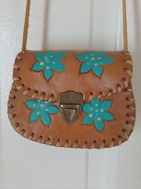 Handcrafted Tan Leather Crossbody Bag with Turquoise Floral Accents
